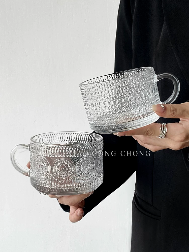 Bát ăn sáng sữa yến mạch thủy tinh khắc họa tiết, kiểu dáng đẹp, có tay cầm, bát sữa chua dành cho nữ sinh, bát salad trái cây