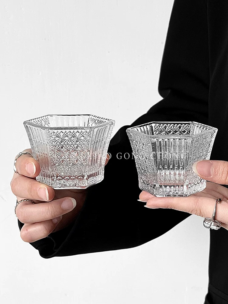 Cốc chạm khắc cổ điển, cốc rượu nhỏ wabi-sabi, cốc trà Nhật Bản, cốc rượu sake hình lục giác, cốc rượu trái cây, cốc thủy tinh