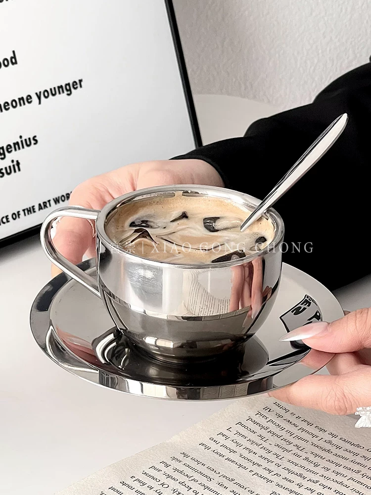 Bộ cốc và đĩa bằng thép không gỉ phong cách Instagram, cốc latte đá Mỹ, cốc nước gia dụng, cốc sữa uống trà chiều.