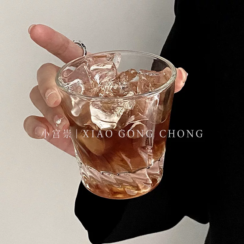 Ly thủy tinh họa tiết xoắn ốc kiểu dáng ly cà phê đá Mỹ, ly uống nước, ly rượu whisky, ly nước ép