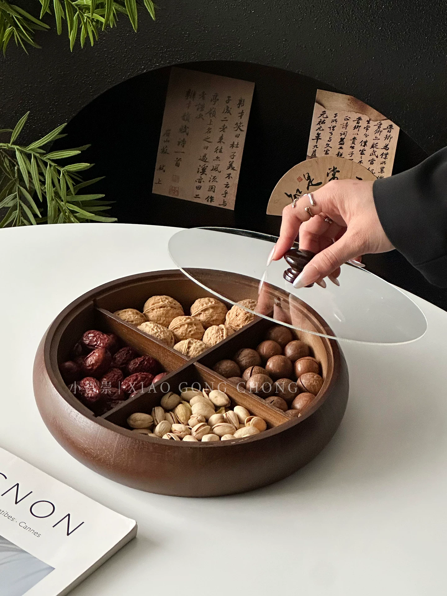 Đĩa trái cây sấy khô kiểu Trung Quốc dùng trong nhà, đặt trên bàn cà phê phòng khách, đĩa đựng đồ ăn nhẹ, đĩa chia ngăn cao cấp, đĩa trái cây, đĩa đựng đồ ăn nhẹ khi uống trà.