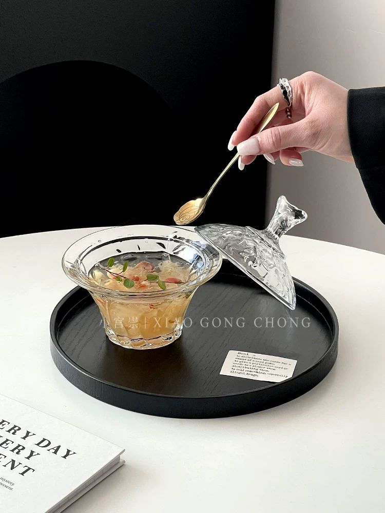 Bát tổ chim kiểu Âu có nắp, bát tráng miệng dùng trong gia đình, bộ bát và thìa nước đường nấm trắng cao cấp, bộ đồ ăn bằng thủy tinh sáng tạo