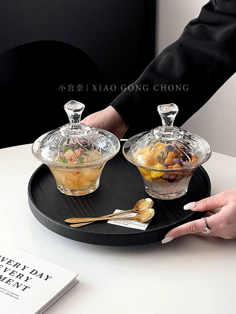 Bát tổ chim kiểu Âu có nắp, bát tráng miệng dùng trong gia đình, bộ bát và thìa nước đường nấm trắng cao cấp, bộ đồ ăn bằng thủy tinh sáng tạo