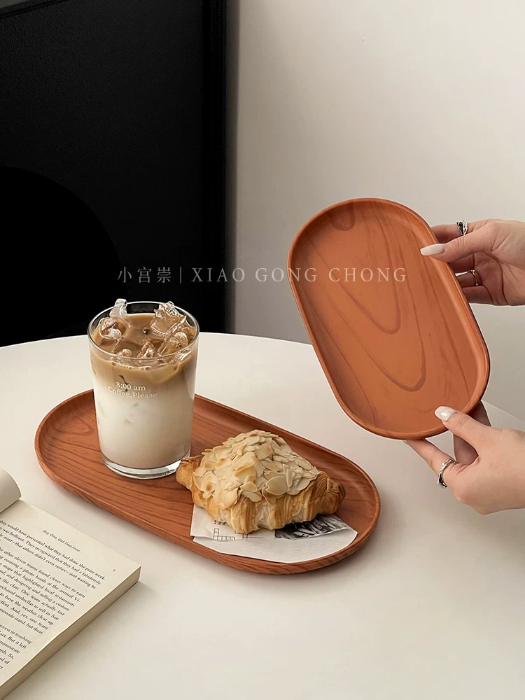 Khay hình bầu dục giả vân gỗ phong cách khay đựng đồ ăn nhẹ cà phê khay đựng bánh ngọt khay đựng trái cây đĩa ăn tối