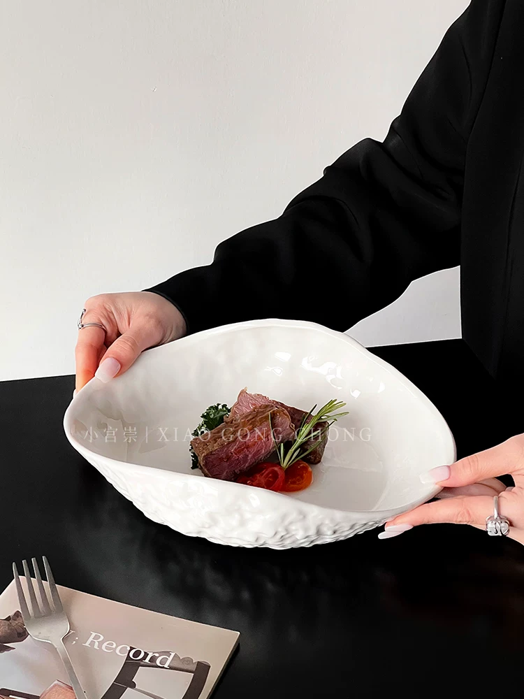 Đĩa gốm sứ họa tiết đá, đĩa súp gia dụng sang trọng nhẹ nhàng, đĩa rau củ, đĩa steak trắng tinh khôi sáng tạo cao cấp, đĩa mì ống.