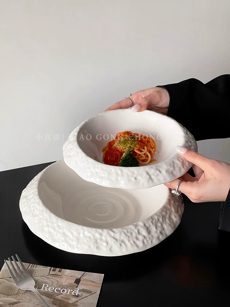 Đĩa gốm họa tiết đá, đĩa sâu gia dụng cao cấp, đĩa kiểu Tây màu trắng tinh khiết sang trọng nhẹ nhàng, đĩa súp, đĩa steak và mì ý sáng tạo.