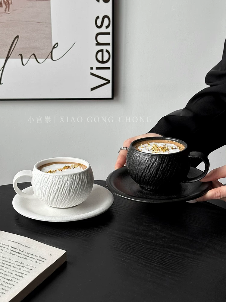 Bộ tách trà và đĩa sứ họa tiết đá cao cấp dùng trong gia đình, tách latte kiểu Ý, tách ăn sáng, tách trà chiều, tách vẽ latte art.