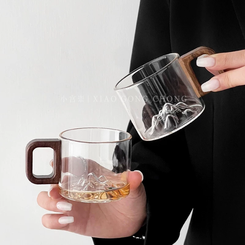 Tách trà thủy tinh có tay cầm bằng gỗ, tách trà mini phong cách Trung Hoa, chịu nhiệt độ cao, cốc uống nước gia dụng cao cấp, cốc nếm trà