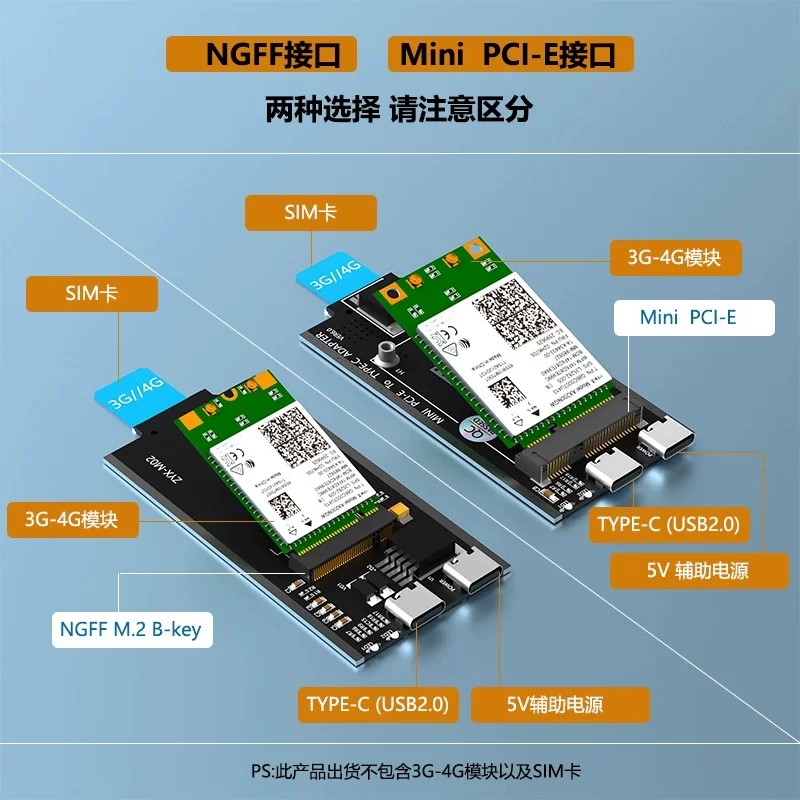 Bo mạch chuyển đổi MINIPCIE sang TYPE-C USB2.0 có khe cắm thẻ SIM với ăng-ten vỏ, bo mạch phát triển mô-đun 3G4G