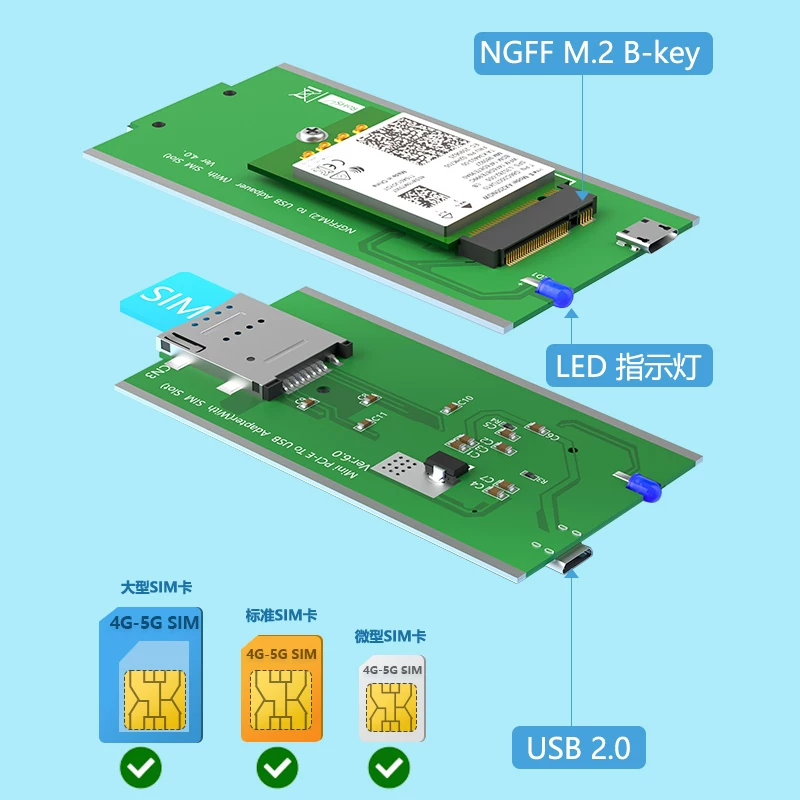 mini PCI-E sang USB2.0 với khe cắm thẻ SIM thẻ chuyển đổi M.2 B-KEY sang hộp chuyển đổi mô-đun USB2.0