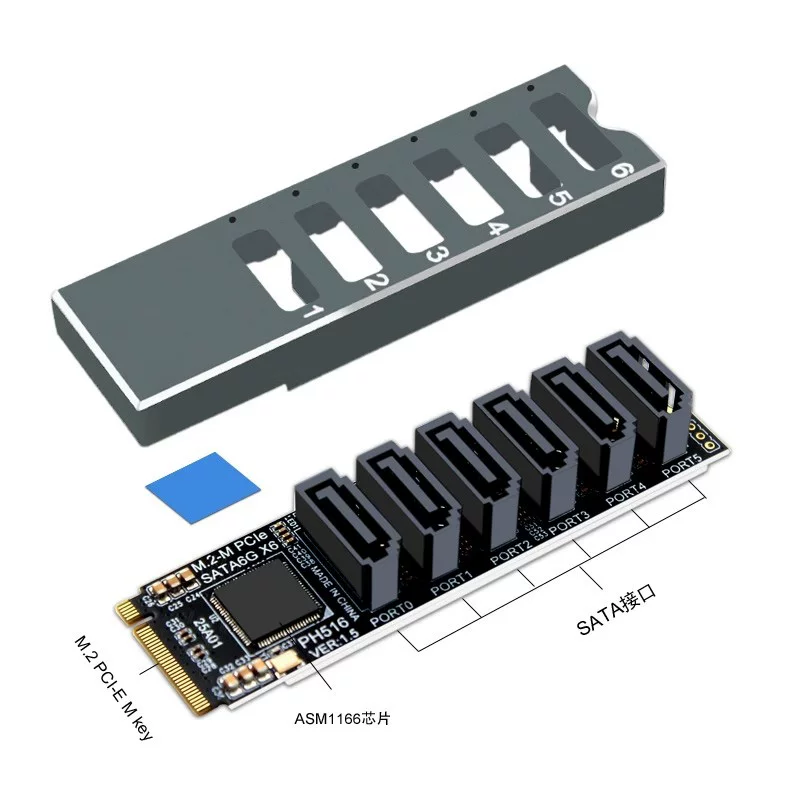 M.2 NVME PCIE3.0 sang SATA6G mở rộng 6 cổng NAS mở rộng ổ cứng Synology ASM1166 hỗ trợ PM