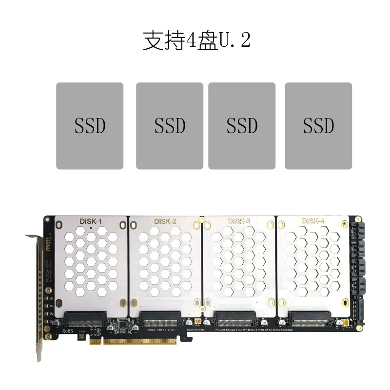 Thẻ mở rộng máy tính để bàn với 4 ổ cứng SFF-8639 U.2 NVME và SATA 2.5inch sang thẻ chia PCIe 4.0