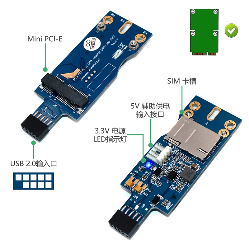 Mini PCI-E sang USB 3G, 4G với mô-đun khe cắm thẻ SIM chuyên dụng (lắp đặt theo chiều dọc)