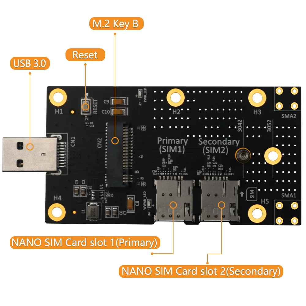 M.2 Key B sang USB 3.0 bảng chuyển đổi kép khe cắm thẻ SIM NANO 3G4G5G LTE bảng phát triển mô-đun