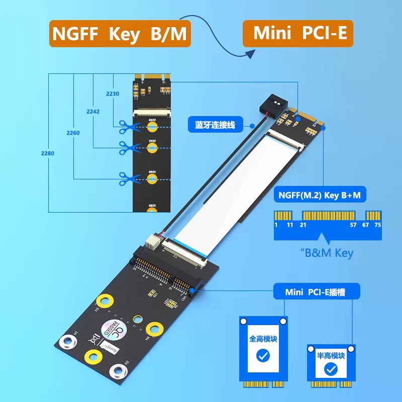 Cáp chuyển đổi M.2 NVME SSD sang giao diện Mini PCI-E, cáp chuyển đổi key B/M, cáp nối dài key A/E