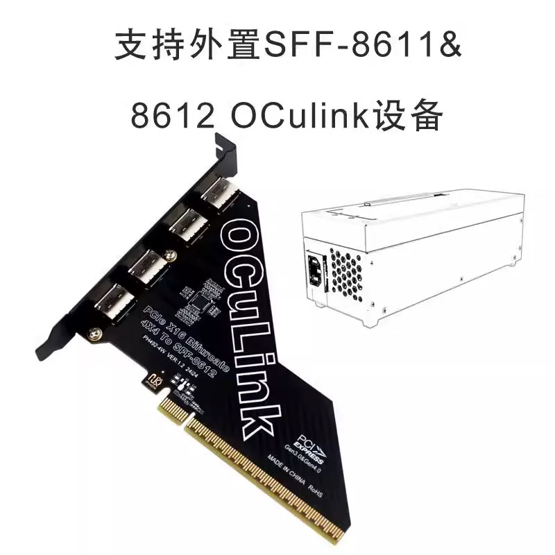 PCI-E X16 được chia thành thẻ mở rộng Oculink 4 cổng SFF8611/8612 dành cho SSD U.2 ngoài và card đồ họa ngoài