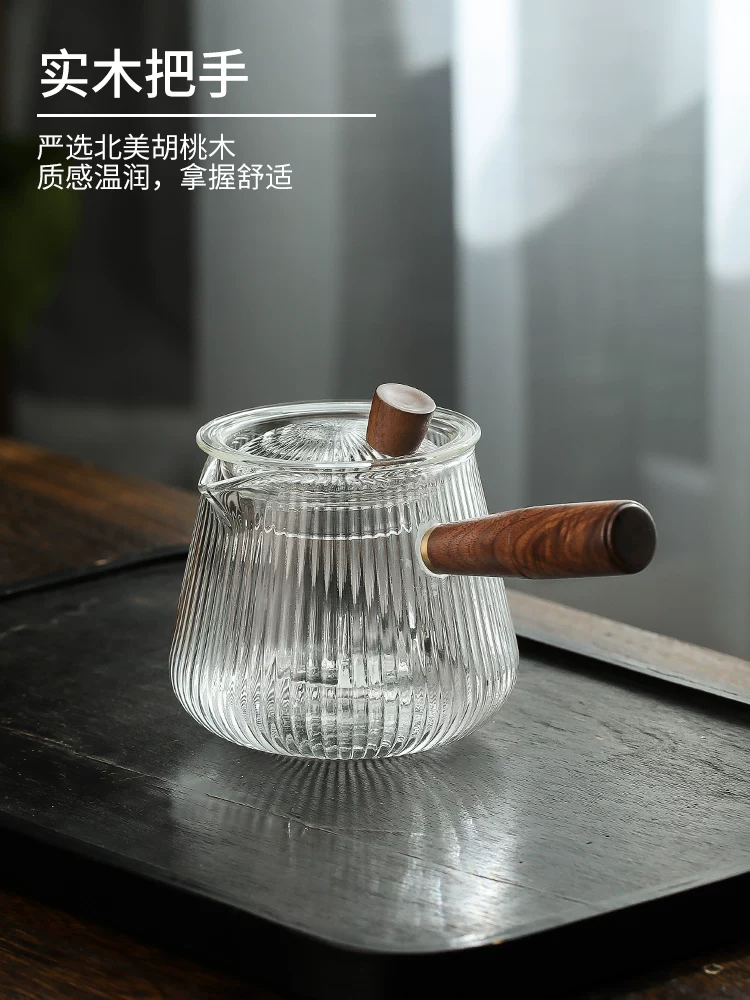 Ấm trà thủy tinh kiểu Nhật có tay cầm bên hông, ngăn cách trà-nước, bộ pha trà cho bếp điện gốm, bộ trà gia dụng, ấm đơn