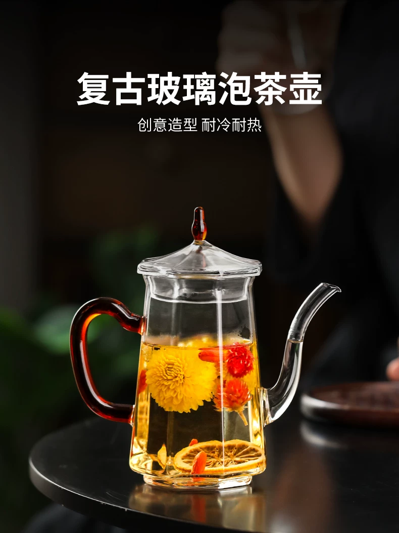 Ấm trà thủy tinh cổ điển kiểu Trung Quốc, hình vuông nhỏ, ấm trà hoa và trà trái cây dành cho phụ nữ, ấm trà kung fu trong suốt, ấm trà đơn.