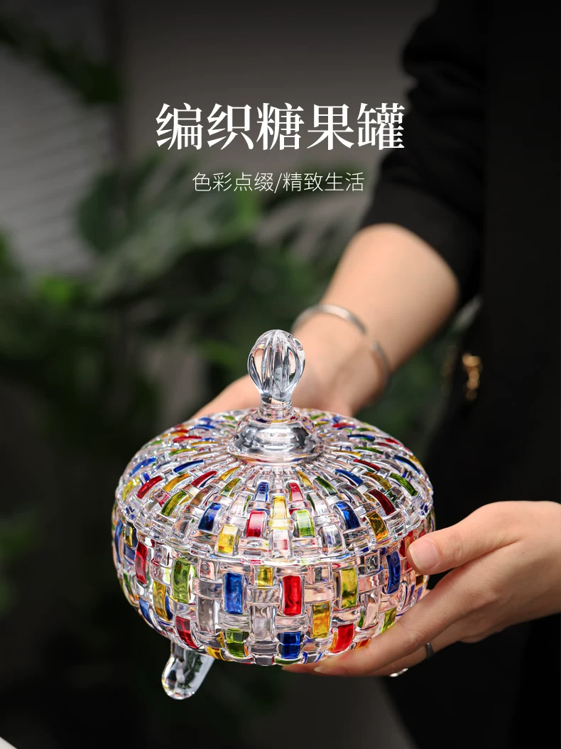 Hộp đựng kẹo thủy tinh pha lê kiểu châu Âu cho phòng khách gia đình, hộp đựng kẹo cứng và trái cây khô, lọ đựng hạt dưa sáng tạo nhiều màu sắc