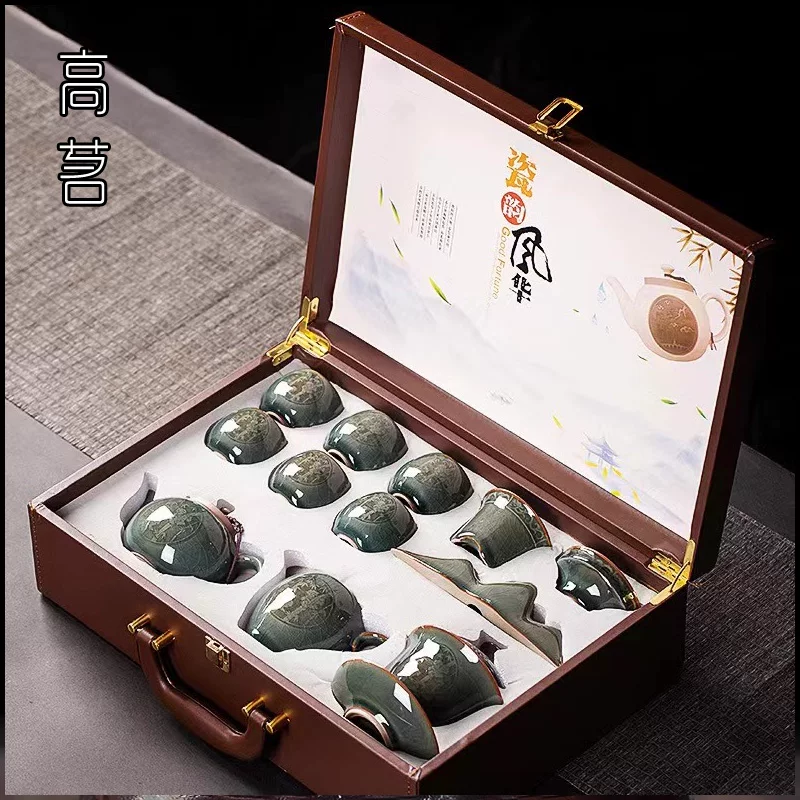 Bộ ấm trà Kung Fu Long Quan men ngọc Gao Minh Ge, mẫu mới 2025, cao cấp, dùng trong gia đình, hộp quà tặng dành cho người lớn tuổi
