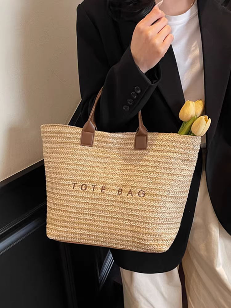 Túi cói dệt tay dành cho nữ, dung tích lớn, mẫu mới hè 2025, túi tote đi làm, phong cách kỳ nghỉ biển