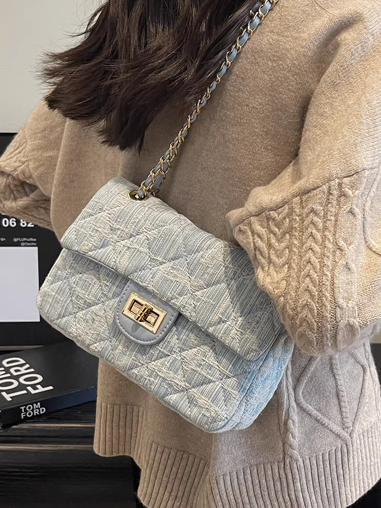 Túi denim nữ, thiết kế độc đáo, thời trang mới 2025, túi đeo chéo mùa thu may chần, túi đeo vai phổ biến