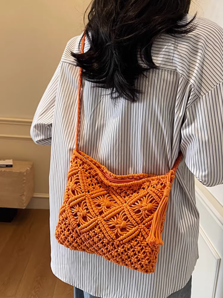 Túi đan móc nữ xuân hè 2025 thời trang mới đa năng đeo vai chéo, túi cói dệt cao cấp phong cách giản dị