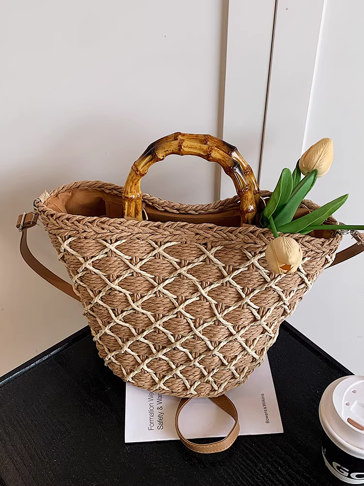 Túi cói đan tay dành cho nữ, dung tích lớn, kiểu dáng mùa hè mới 2025, túi tote đi biển.