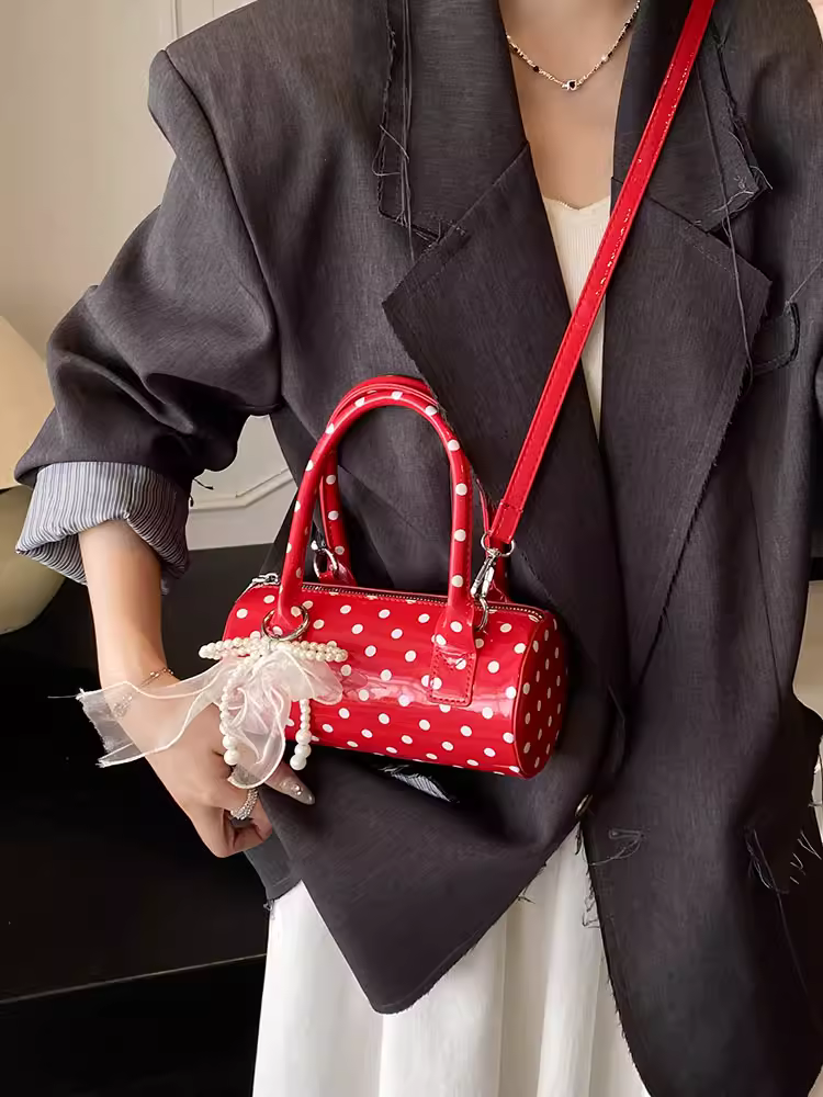 Túi xách thiết kế độc đáo dành cho nữ 2025, mẫu mới mùa hè, đeo vai/chéo, phong cách Hàn Quốc, kiểu chấm bi, túi hình trụ