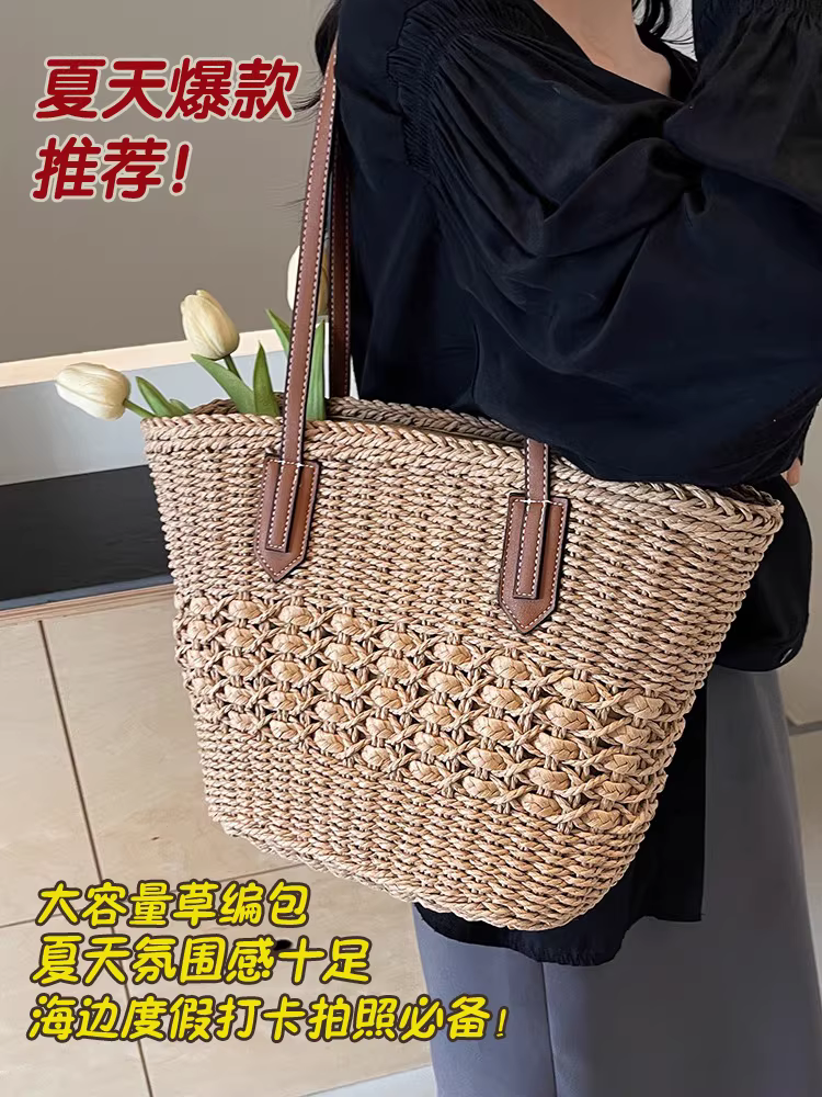 Túi cói đan tay nữ, dung tích lớn, phong cách mùa hè giản dị, kiểu mới 2025, túi tote đan cói đi làm, đi biển.