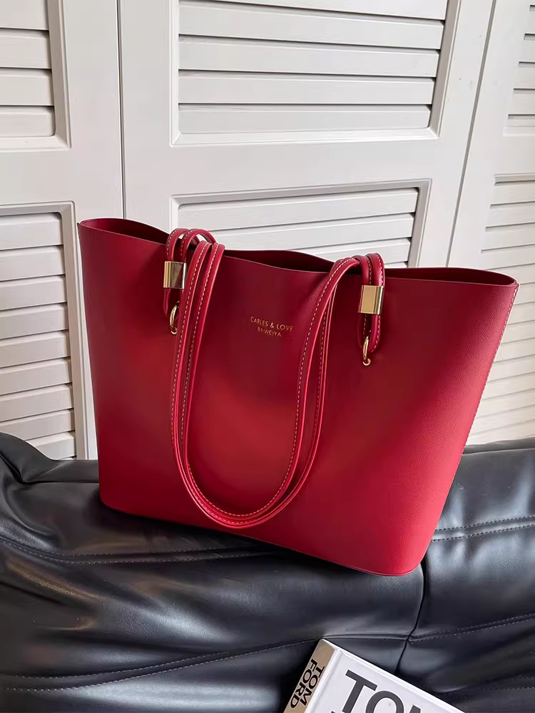 Túi xách nữ cỡ lớn màu đỏ, mẫu mới 2025, cao cấp, chất liệu vải có vân, đeo vai, túi cầm tay, túi phù dâu, túi cưới