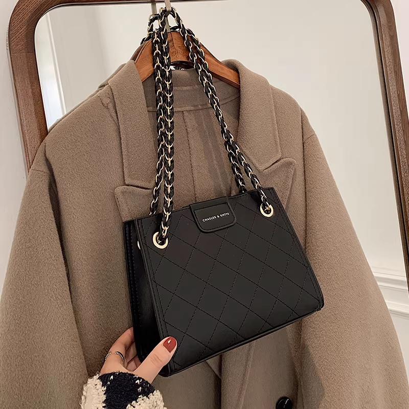 Túi đeo chéo nữ cao cấp chất liệu dệt kim phối dây xích, mẫu mới 2025, thời thượng, đa năng, độc đáo, đeo vai, đeo chéo, túi vuông nhỏ