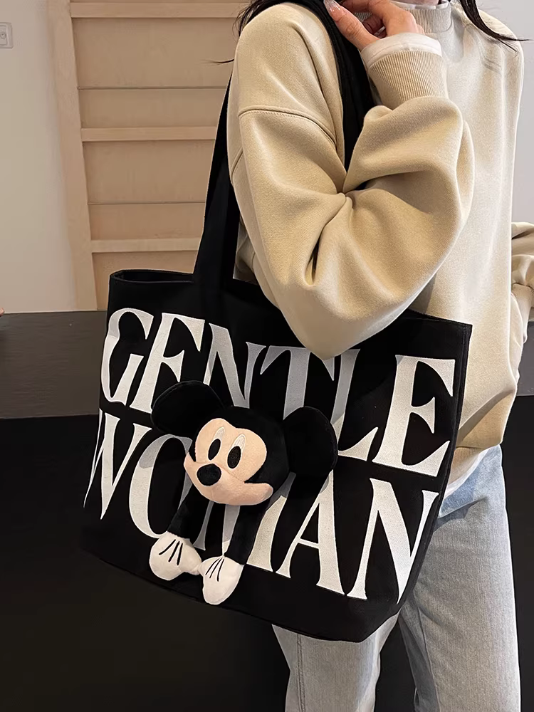 Túi tote vải canvas cỡ lớn, phong cách giản dị dành cho nữ, mẫu mới 2025, họa tiết hoạt hình Mickey, thích hợp cho sinh viên, đi học, đi làm, đeo vai
