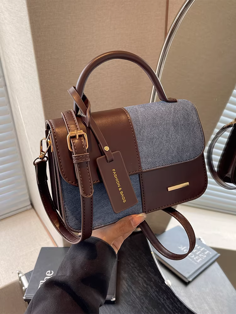 Túi xách nữ cao cấp mùa thu đông 2025, túi đeo chéo đa năng, phối màu chắp vá, túi vuông nhỏ