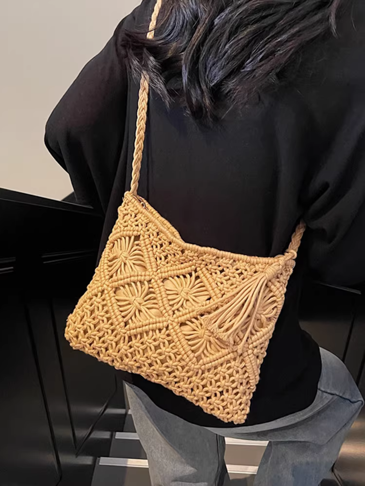 Túi đan móc nữ xuân hè 2025 thời trang mới đa năng đeo vai chéo, túi cói dệt cao cấp phong cách giản dị