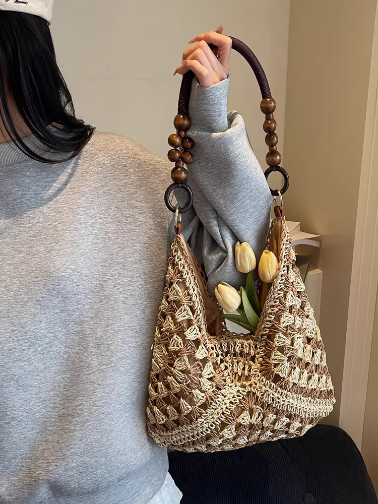 Túi cói đan tay cỡ lớn dành cho nữ, thiết kế độc đáo mùa hè 2025, túi đeo vai đi biển nghỉ dưỡng
