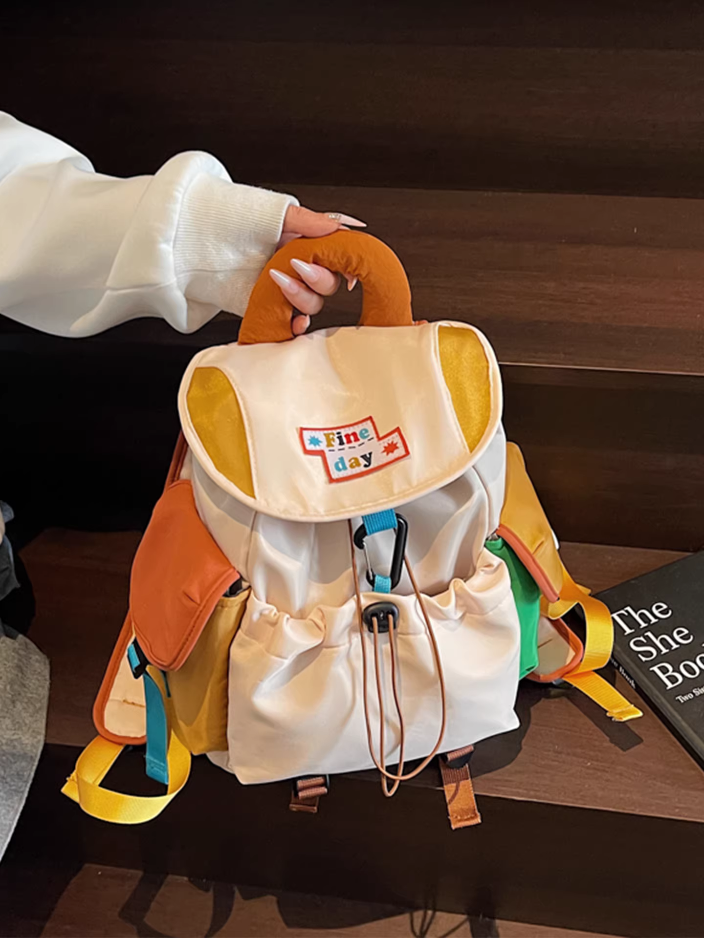 Ba lô vải canvas màu tương phản dành cho nữ, sức chứa lớn, giản dị và đa năng, túi đi học dành cho học sinh, túi leo núi, ba lô du lịch nhẹ