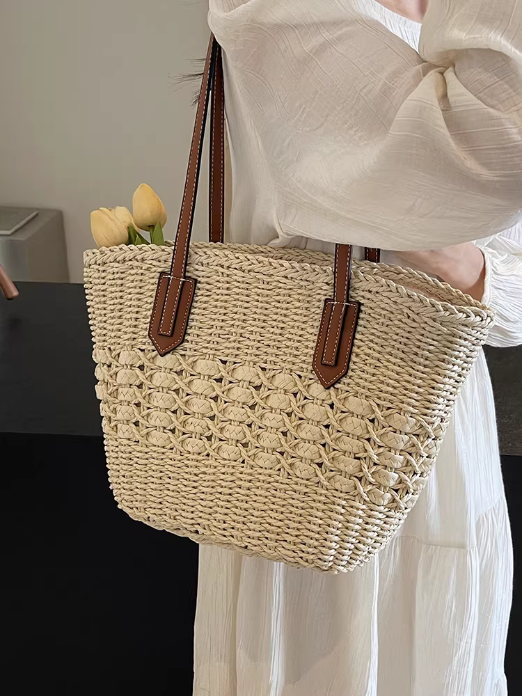 Túi cói đan tay nữ, dung tích lớn, phong cách mùa hè giản dị, kiểu mới 2025, túi tote đan cói đi làm, đi biển.