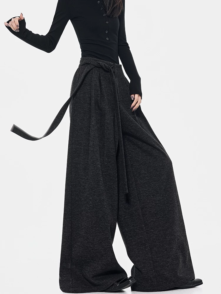 KEN STUDIO quần dài dáng rộng màu xám mùa thu đông mới dành cho nữ với thiết kế lưng cao và quần ống rộng có dây buộc