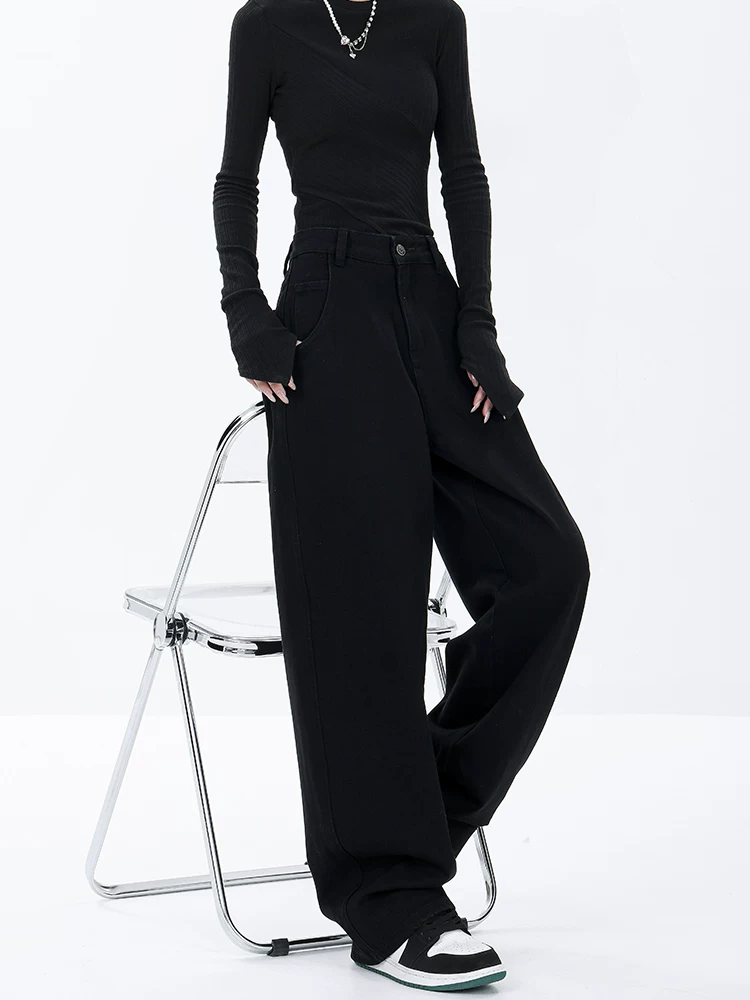 KEN STUDIO Xuân Thu Mới Màu Đen Rộng Quần Jean Ống Rộng Nữ Mỹ Retro Quần Ống Thẳng Quần Dài Quần