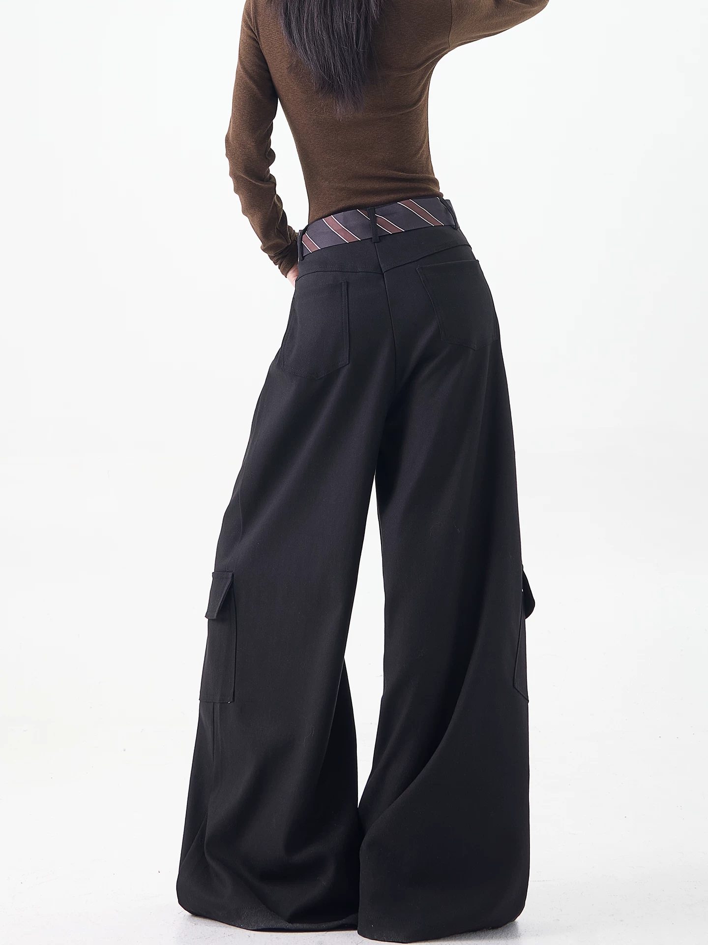 KEN STUDIO mùa thu đông mới màu đen dày dặn quần âu thường ngày dành cho nữ quần ống rộng lưng cao thẳng dáng rộng