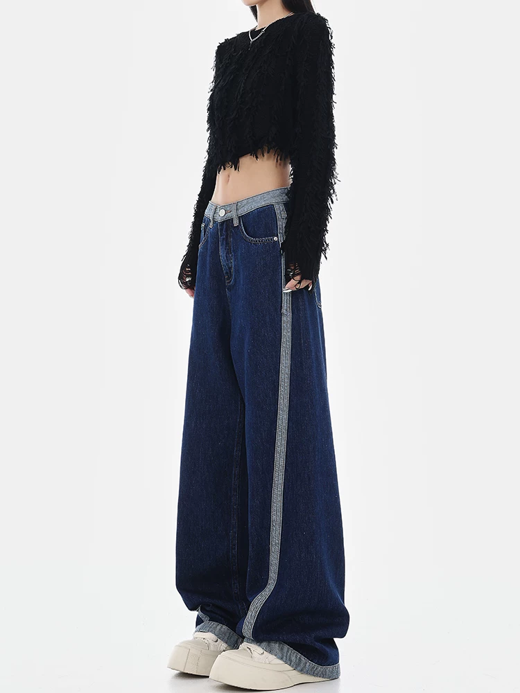 KEN STUDIO nguyên bản mùa xuân thu phong cách mới thiết kế phối màu quần jean lưng cao giảm béo quần ống rộng thẳng