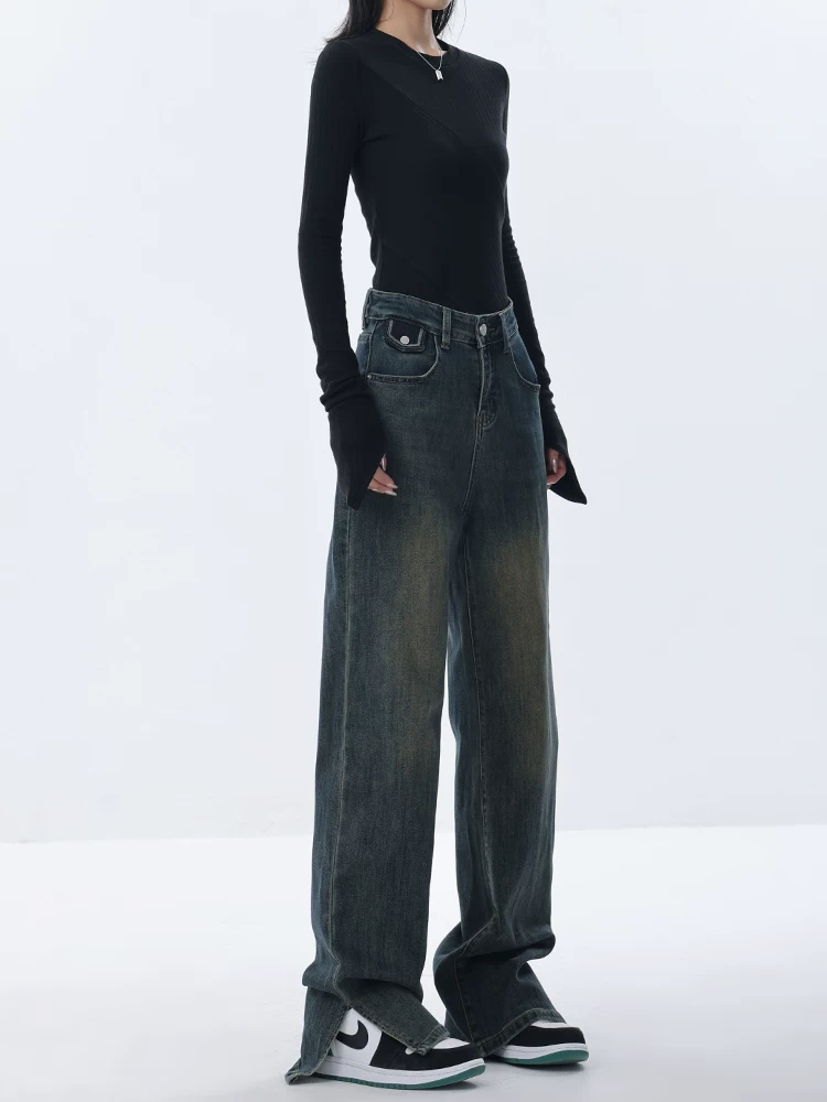 KEN STUDIO quần jean ống loe thu đông mới dành cho nữ với thiết kế xẻ tà, quần ống đứng thông thường, quần dài đến sàn