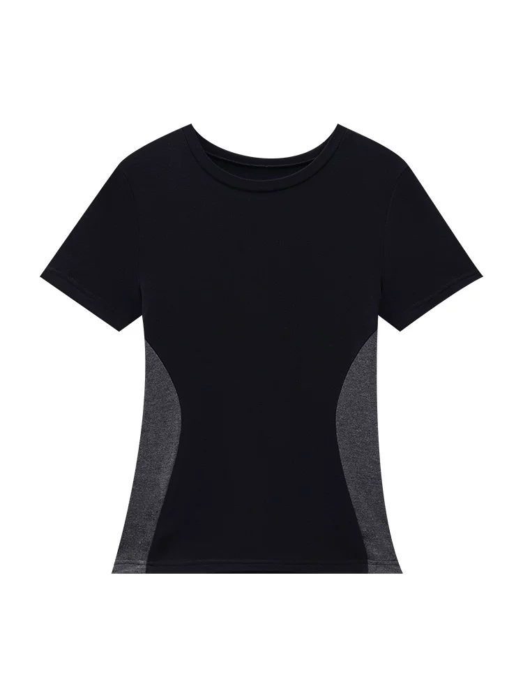 KEN STUDIO mùa hè mới áo thun cổ tròn phối màu ngắn tay dành cho nữ, áo sơ mi dáng ôm vừa vặn hợp thời trang