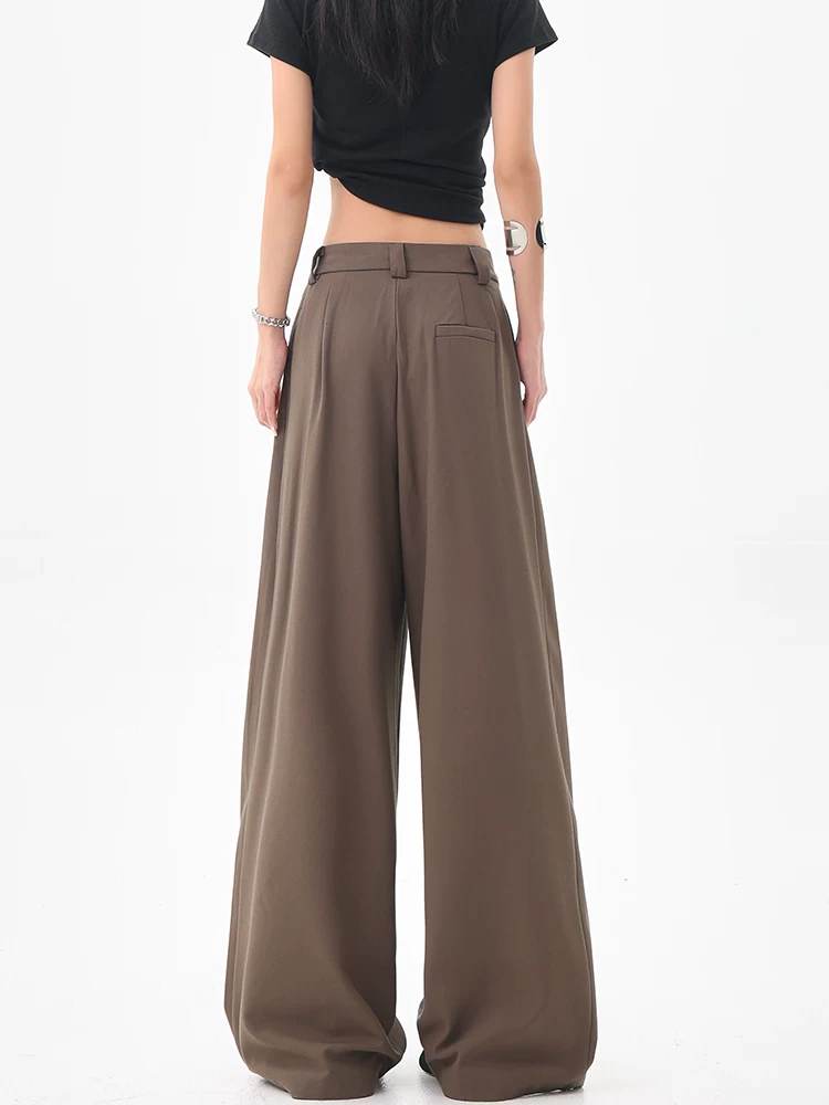 KEN STUDIO Quần âu ống rộng màu cà phê Melard dành cho nữ, phong cách mùa hè mới, quần xếp ly dáng rộng và xếp ly thông thường