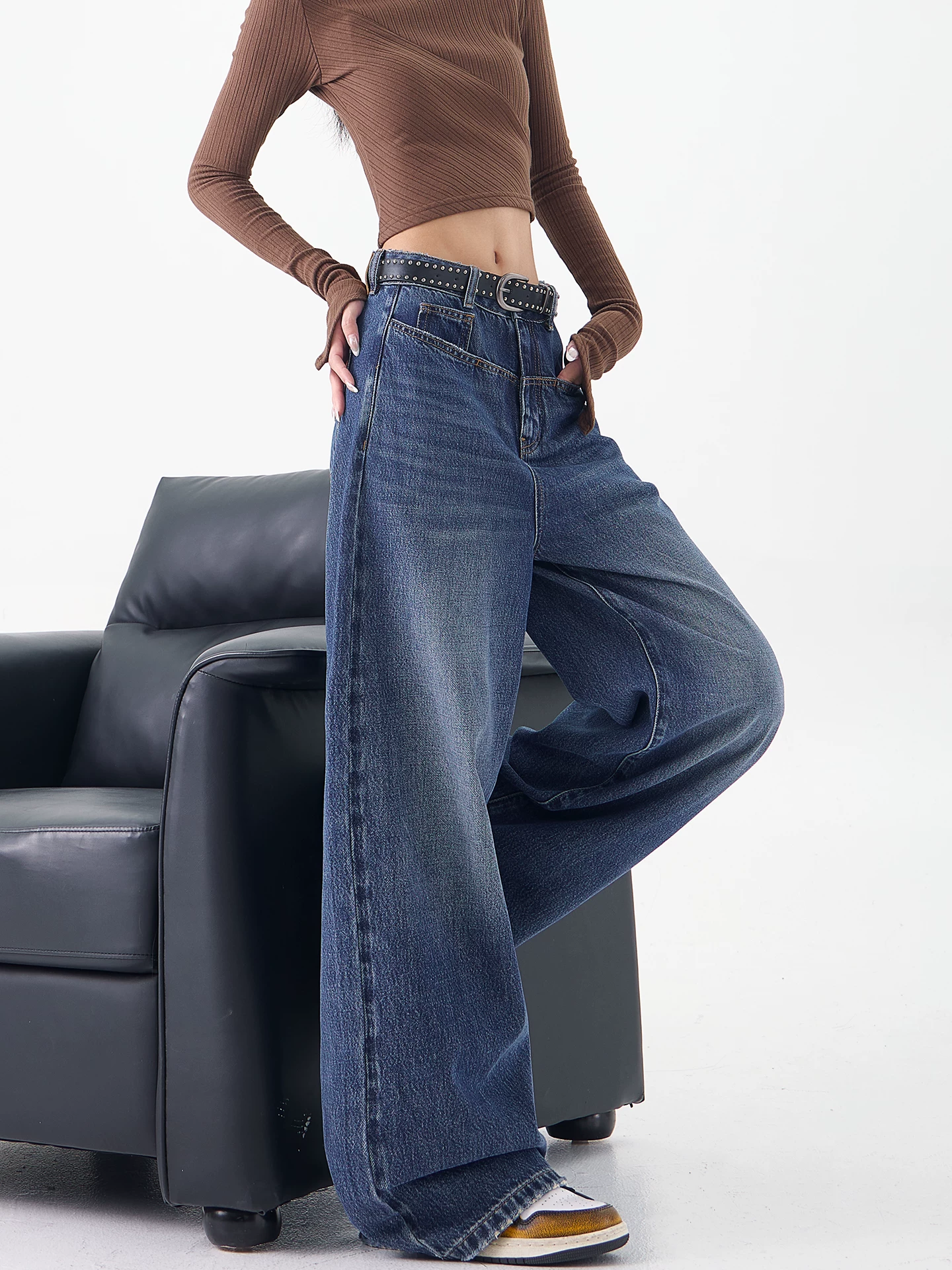 Quần jean ống đứng màu xanh nguyên bản của KEN STUDIO dành cho nữ mùa xuân thu 2025 quần ống rộng mới