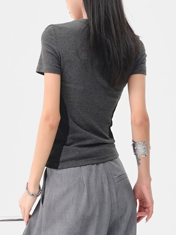 Áo thun ngắn tay cổ tròn màu tương phản cổ điển của KEN STUDIO dành cho nữ mùa hè mới áo thon gọn eo thon gọn