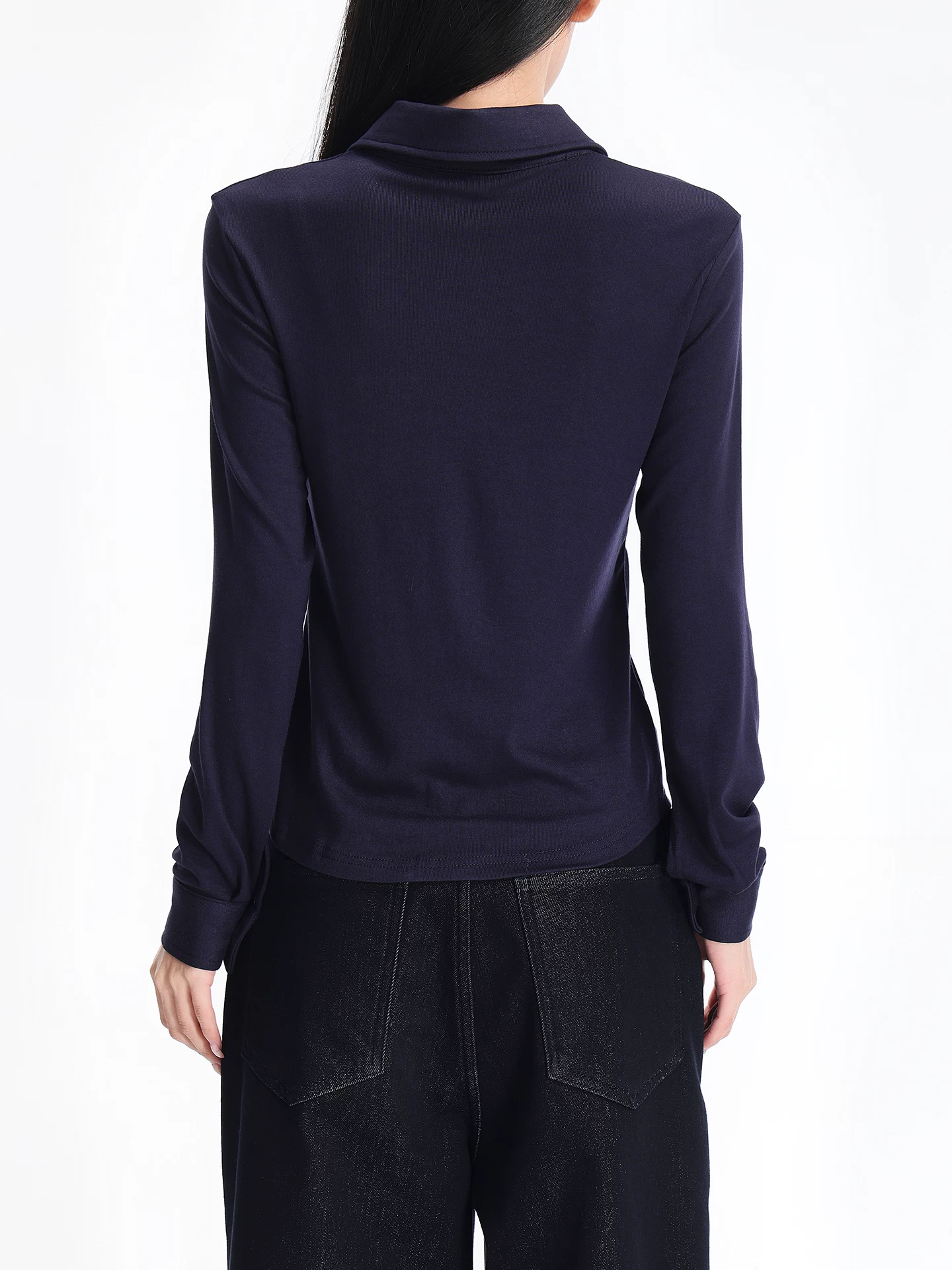 KEN STUDIO Áo sơ mi dài tay có cổ màu xanh hải quân phong cách mới mùa xuân thu dành cho nữ, vai thường, dáng rộng, giảm béo, áo thun đa năng