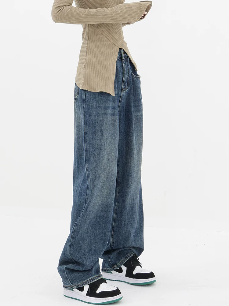 Quần jean ống đứng lưng cao màu xanh cổ điển của KEN STUDIO dành cho nữ, quần dài dáng rộng có lót lông cừu mùa thu đông, quần dáng rộng thời trang