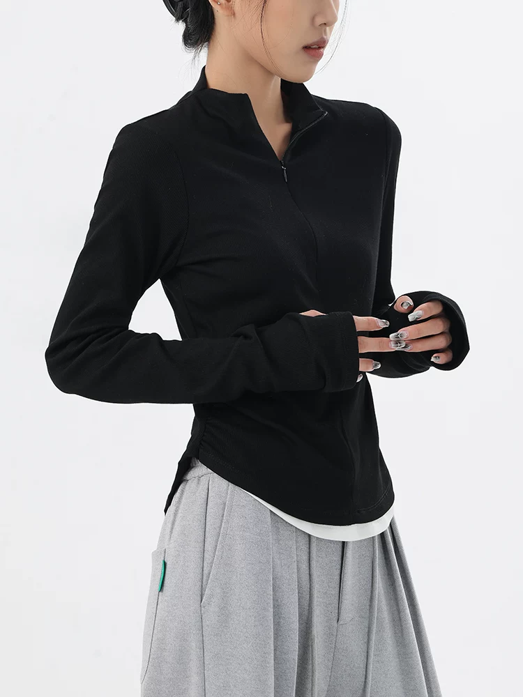 KEN STUDIO áo thun ngắn tay dài màu đen mới mùa xuân thu dành cho nữ với thiết kế giả hai mảnh, áo sơ mi cơ bản giúp giảm béo